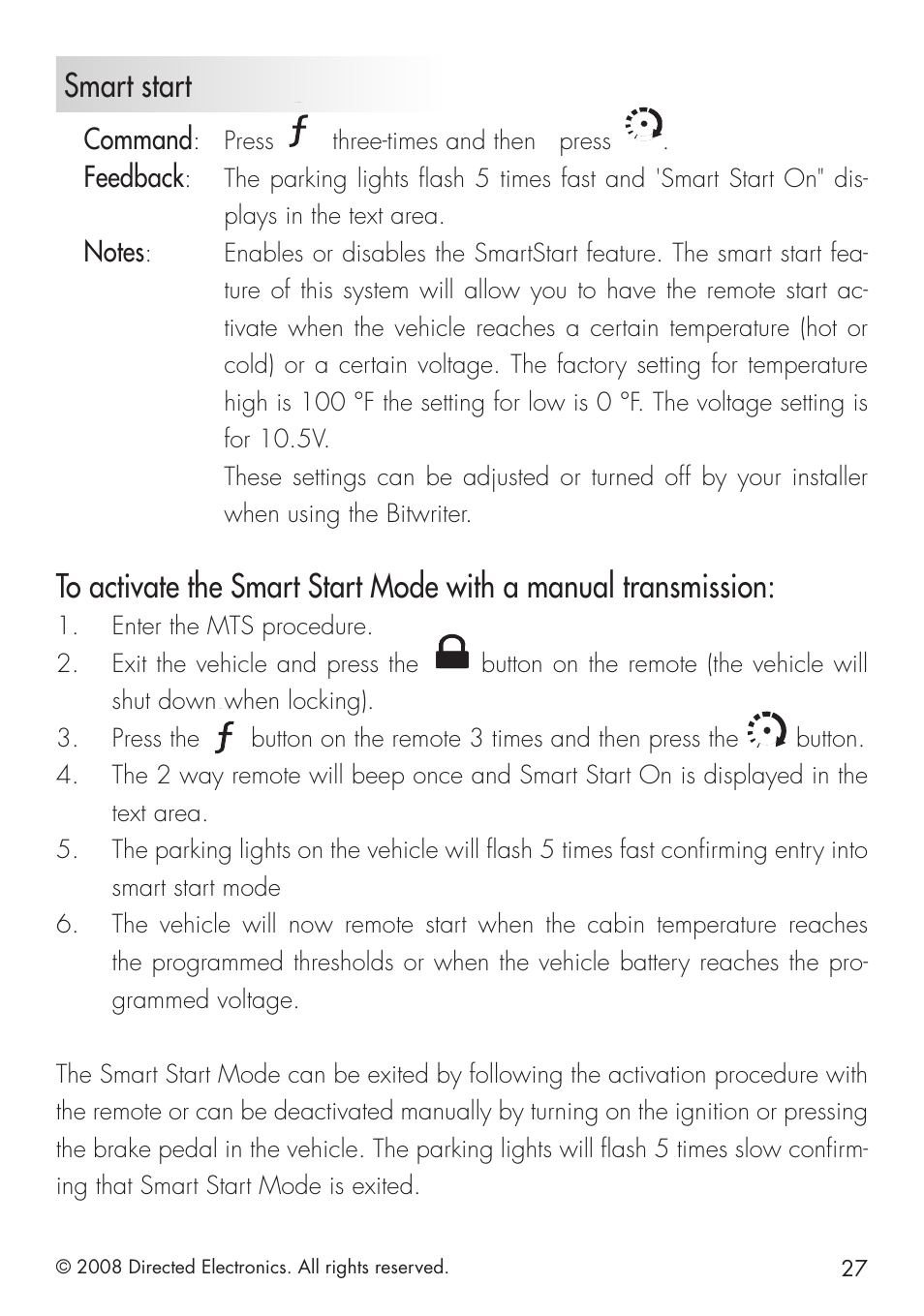 Smart start, Command, Feedback | Directed Electronics 951 User Manual | Page 27 / 48