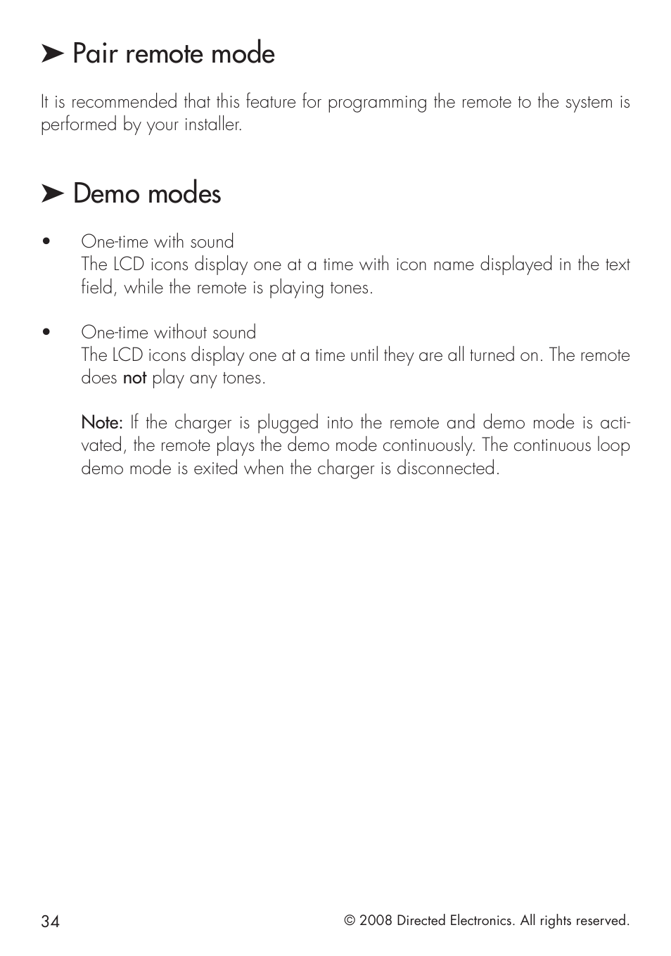 Pair remote mode, Demo modes | Directed Electronics 951 User Manual | Page 34 / 48