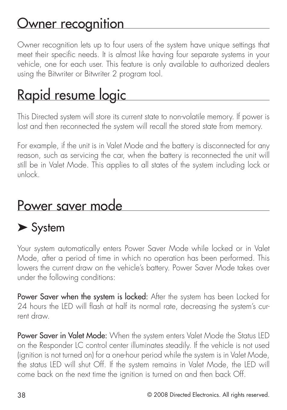 Owner recognition, Rapid resume logic, Power saver mode | System | Directed Electronics 951 User Manual | Page 38 / 48