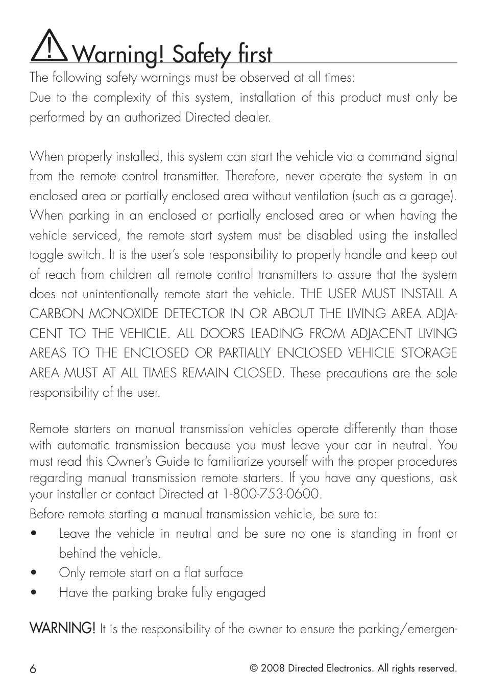 Warning! safety first | Directed Electronics 951 User Manual | Page 6 / 48
