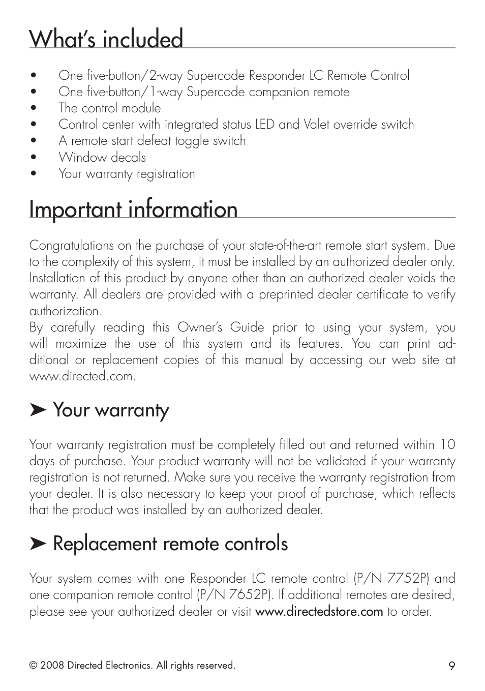 What’s included, Important information, Your warranty | Replacement remote controls | Directed Electronics 951 User Manual | Page 9 / 48