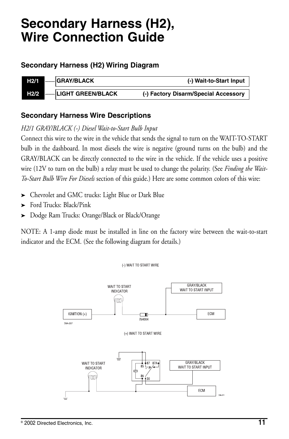 Secondary harness (h2), wire connection guide | Directed Electronics PYTHON 480XP User Manual | Page 11 / 36