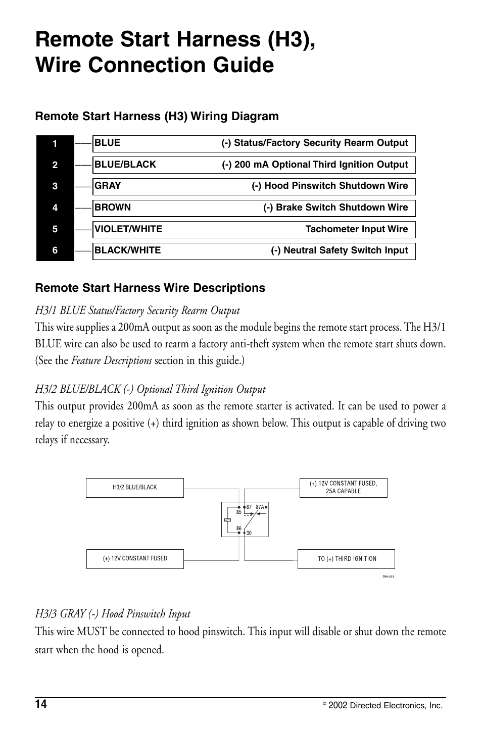 Remote start harness (h3), wire connection guide | Directed Electronics PYTHON 480XP User Manual | Page 14 / 36