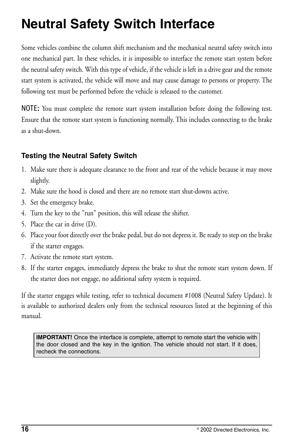 Neutral safety switch interface | Directed Electronics PYTHON 480XP User Manual | Page 16 / 36