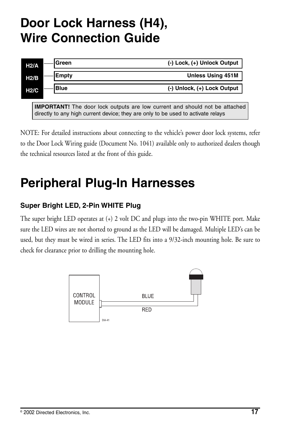 Door lock harness (h4), wire connection guide, Peripheral plug-in harnesses | Directed Electronics PYTHON 480XP User Manual | Page 17 / 36