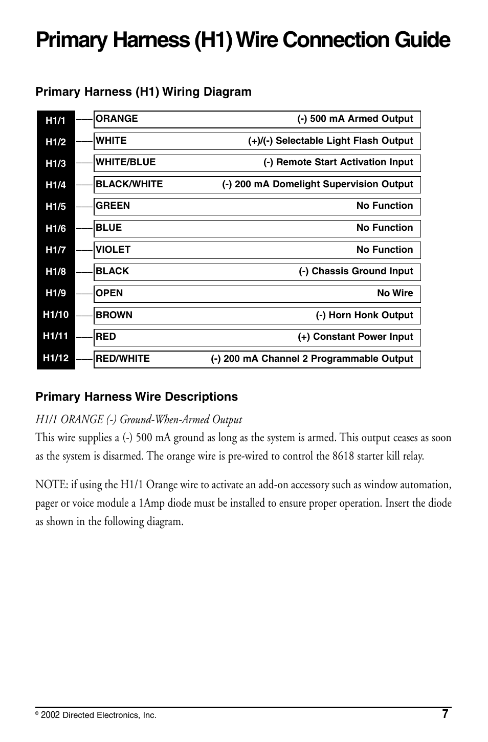 Primary harness (h1) wire connection guide | Directed Electronics PYTHON 480XP User Manual | Page 7 / 36