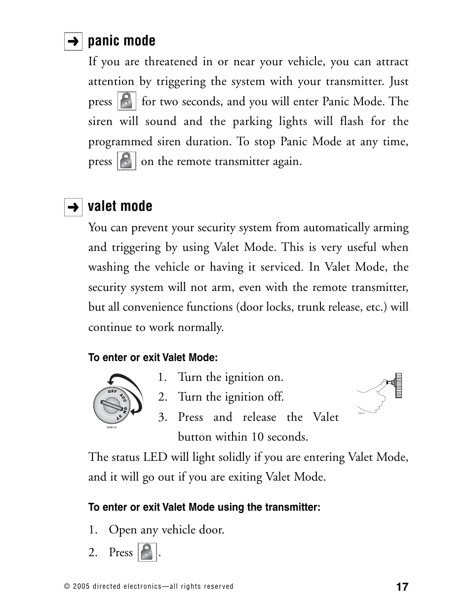 Panic mode, Valet mode | Directed Electronics RS2.1 User Manual | Page 20 / 45