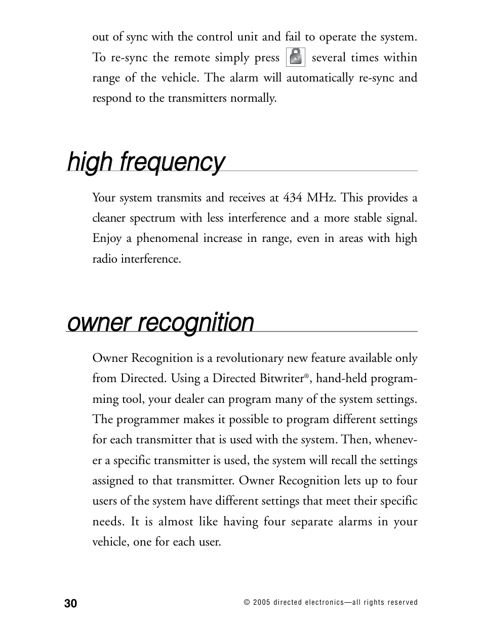 Hhiig gh h ffrre eq qu ue en nc cyy, Oow wn ne err rre ec co og gn niittiio on n | Directed Electronics RS2.1 User Manual | Page 33 / 45