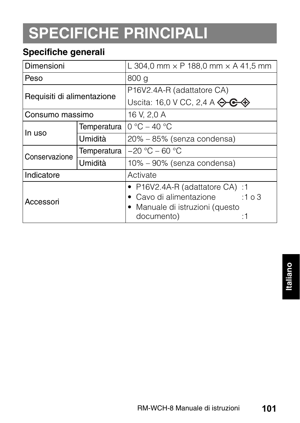 Specifiche principali | Yamaha RM-WCH8 ADECIA Microphone Charger Base for Eight RM Wireless DECT Microphones (1.9 GHz) User Manual | Page 101 / 136