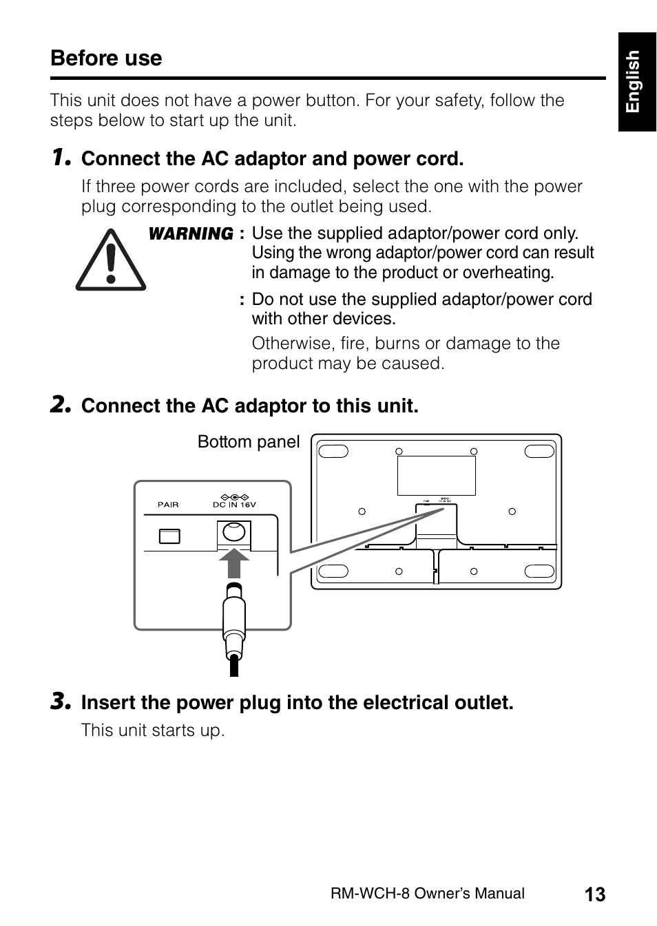 Before use | Yamaha RM-WCH8 ADECIA Microphone Charger Base for Eight RM Wireless DECT Microphones (1.9 GHz) User Manual | Page 13 / 136