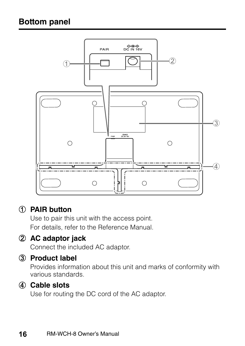 Bottom panel | Yamaha RM-WCH8 ADECIA Microphone Charger Base for Eight RM Wireless DECT Microphones (1.9 GHz) User Manual | Page 16 / 136