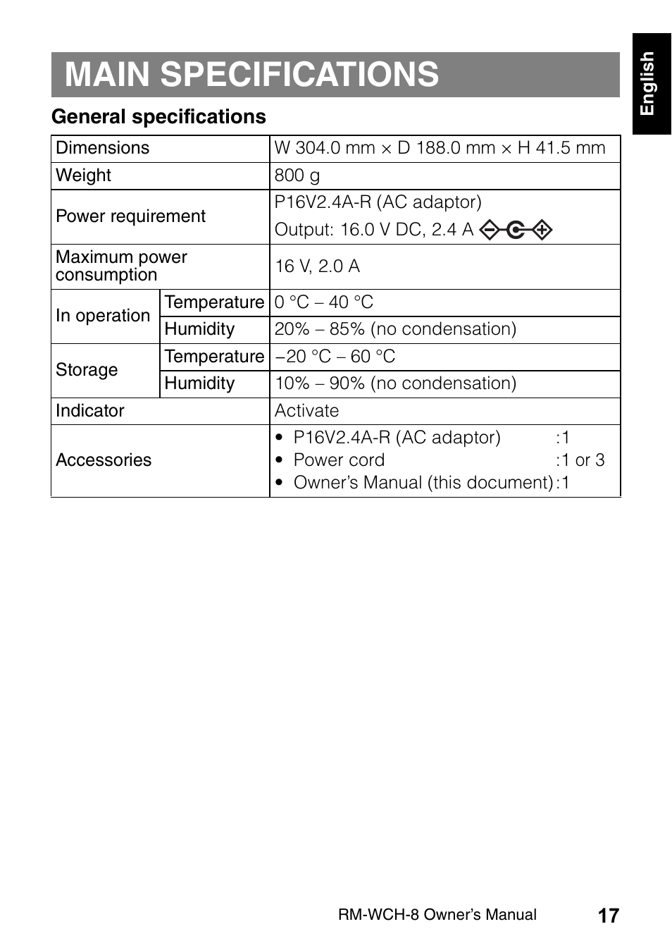 Main specifications | Yamaha RM-WCH8 ADECIA Microphone Charger Base for Eight RM Wireless DECT Microphones (1.9 GHz) User Manual | Page 17 / 136