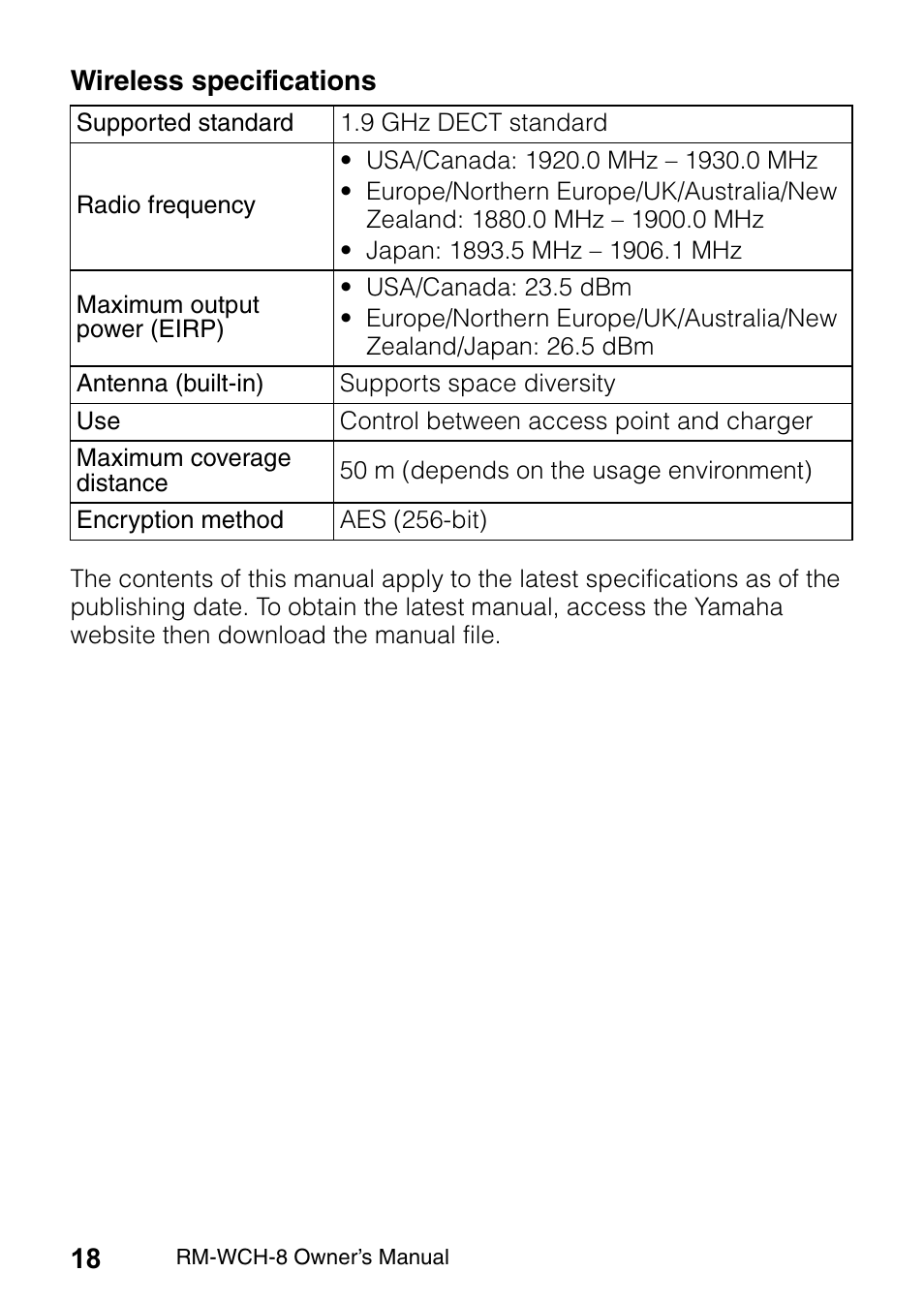 Wireless specifications | Yamaha RM-WCH8 ADECIA Microphone Charger Base for Eight RM Wireless DECT Microphones (1.9 GHz) User Manual | Page 18 / 136