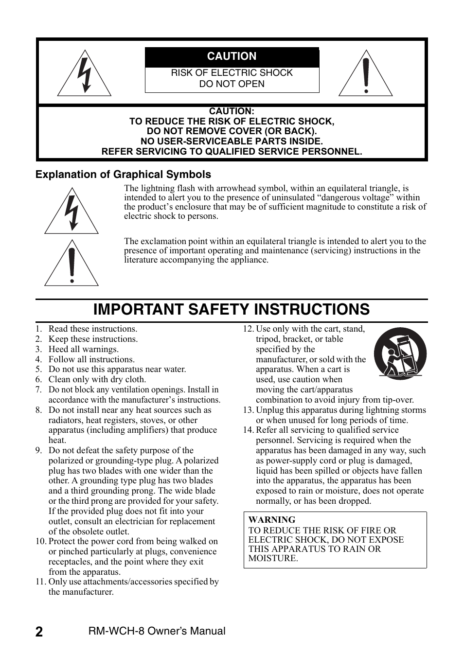 Important safety instructions | Yamaha RM-WCH8 ADECIA Microphone Charger Base for Eight RM Wireless DECT Microphones (1.9 GHz) User Manual | Page 2 / 136