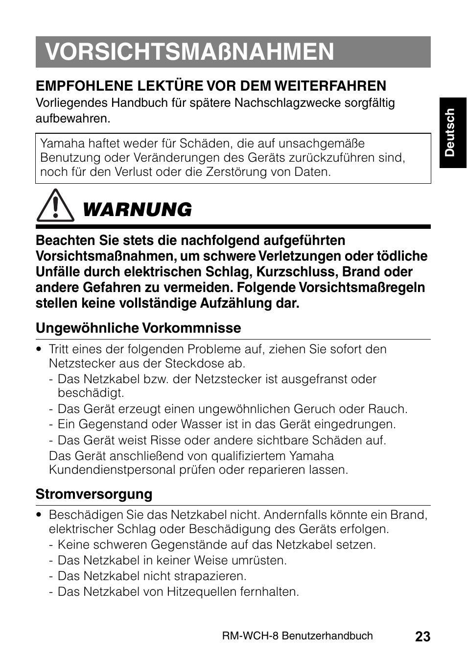 Vorsichtsmaßnahmen, Warnung | Yamaha RM-WCH8 ADECIA Microphone Charger Base for Eight RM Wireless DECT Microphones (1.9 GHz) User Manual | Page 23 / 136