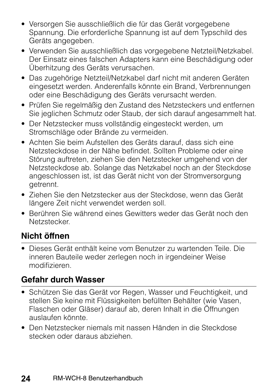 Nicht öffnen, Gefahr durch wasser | Yamaha RM-WCH8 ADECIA Microphone Charger Base for Eight RM Wireless DECT Microphones (1.9 GHz) User Manual | Page 24 / 136