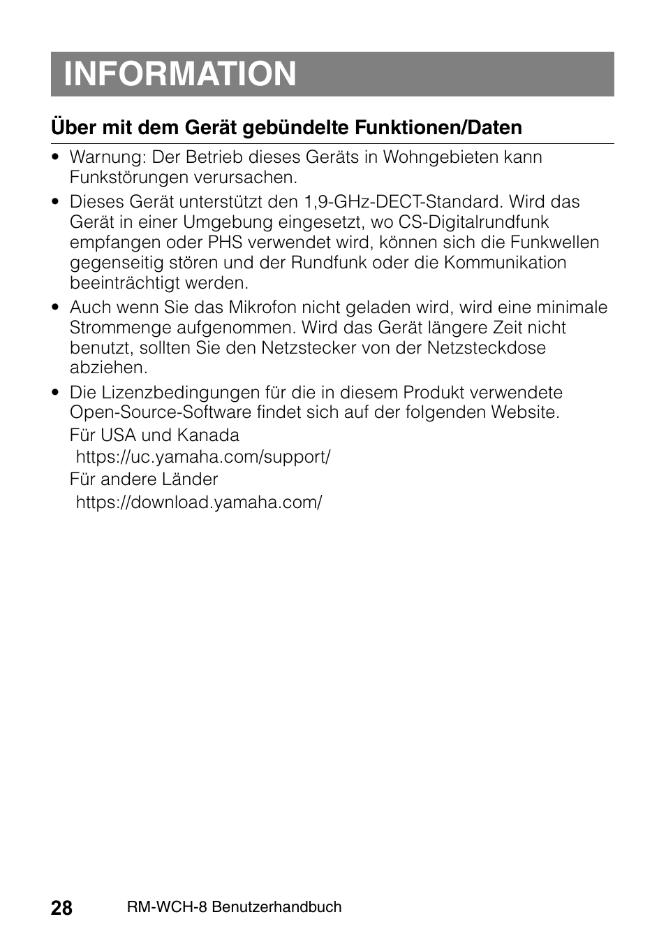 Information | Yamaha RM-WCH8 ADECIA Microphone Charger Base for Eight RM Wireless DECT Microphones (1.9 GHz) User Manual | Page 28 / 136