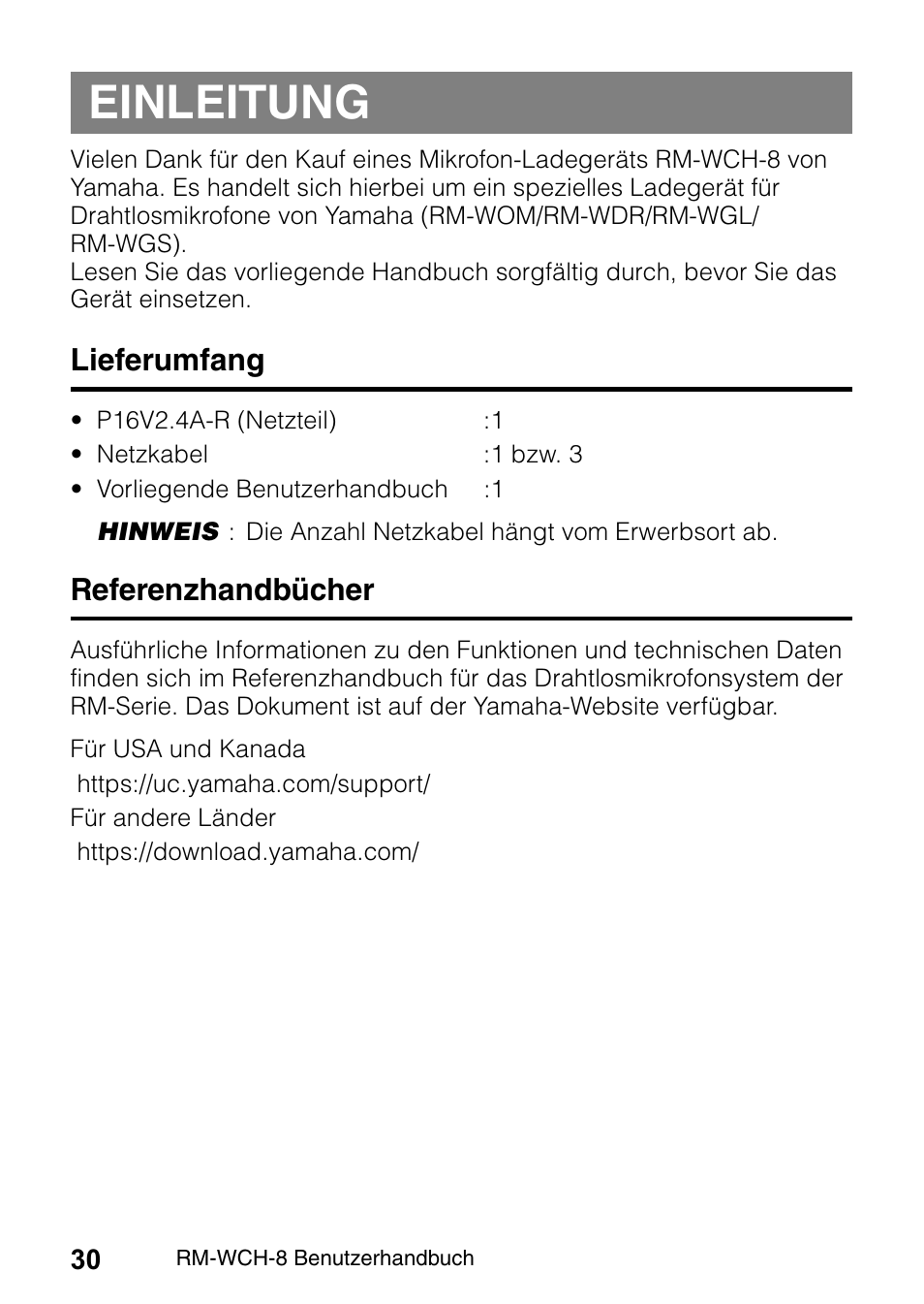 Einleitung, Lieferumfang, Referenzhandbücher | Yamaha RM-WCH8 ADECIA Microphone Charger Base for Eight RM Wireless DECT Microphones (1.9 GHz) User Manual | Page 30 / 136