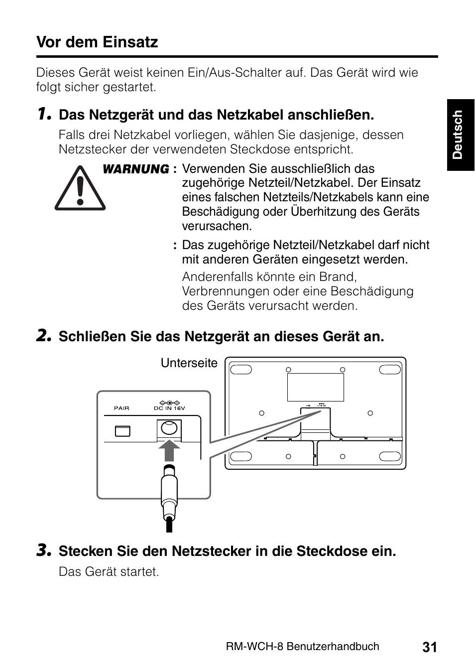 Vor dem einsatz | Yamaha RM-WCH8 ADECIA Microphone Charger Base for Eight RM Wireless DECT Microphones (1.9 GHz) User Manual | Page 31 / 136