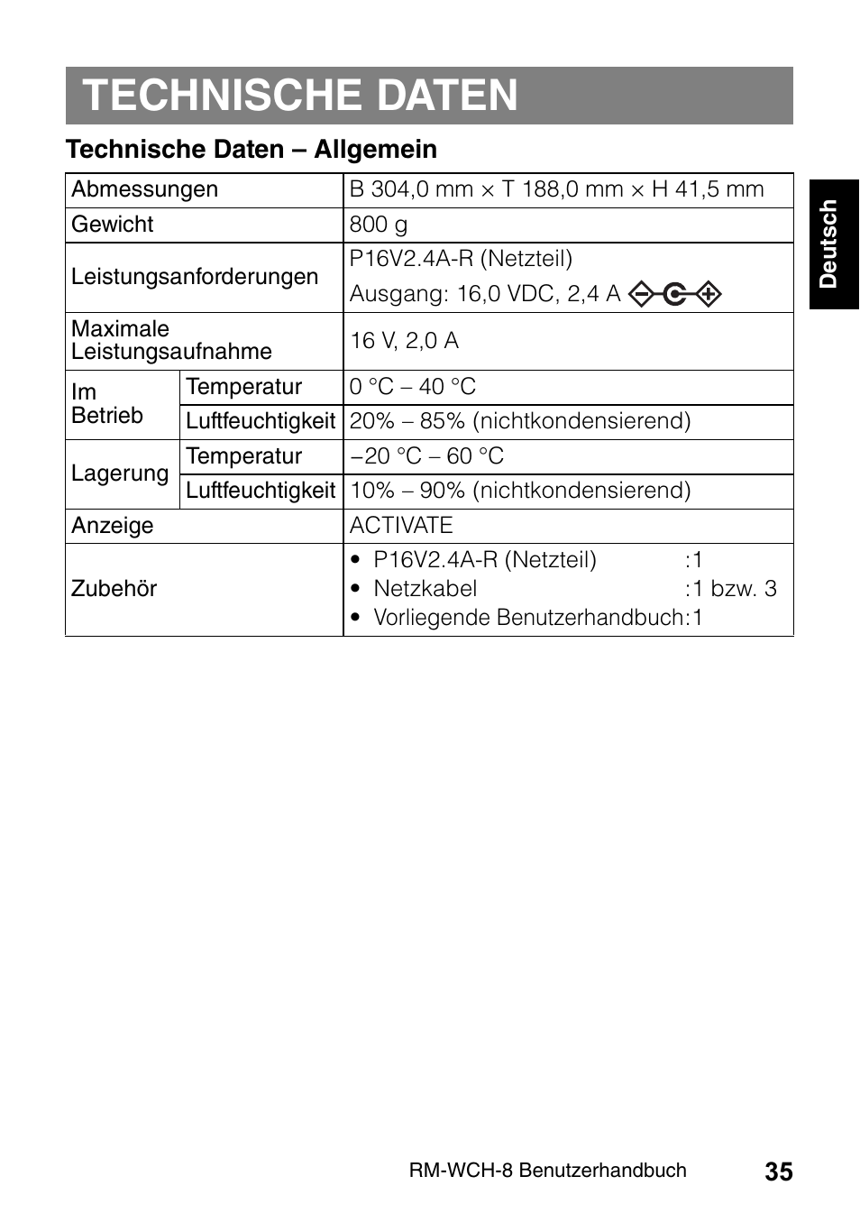 Technische daten | Yamaha RM-WCH8 ADECIA Microphone Charger Base for Eight RM Wireless DECT Microphones (1.9 GHz) User Manual | Page 35 / 136