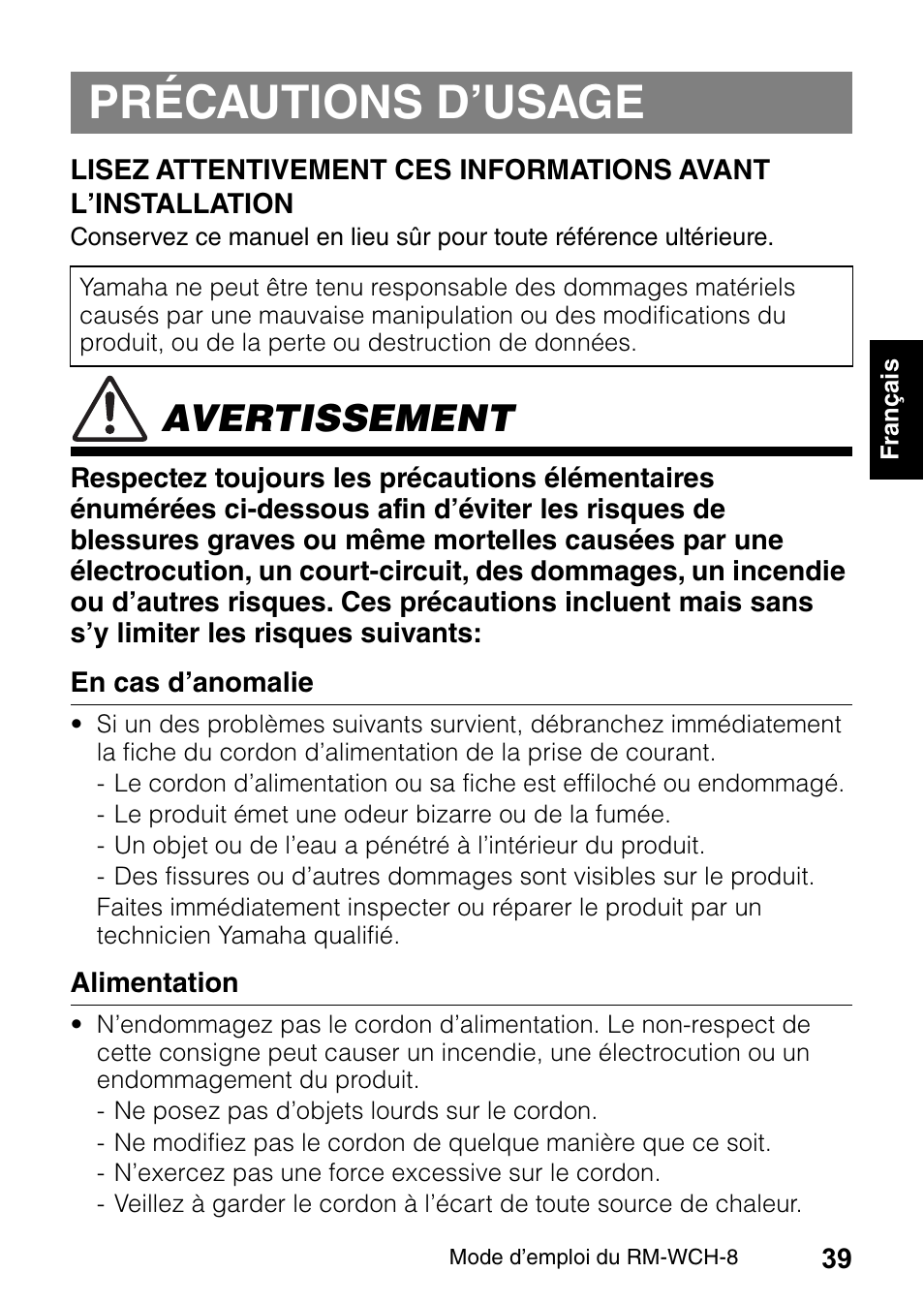 Précautions d’usage, Avertissement | Yamaha RM-WCH8 ADECIA Microphone Charger Base for Eight RM Wireless DECT Microphones (1.9 GHz) User Manual | Page 39 / 136