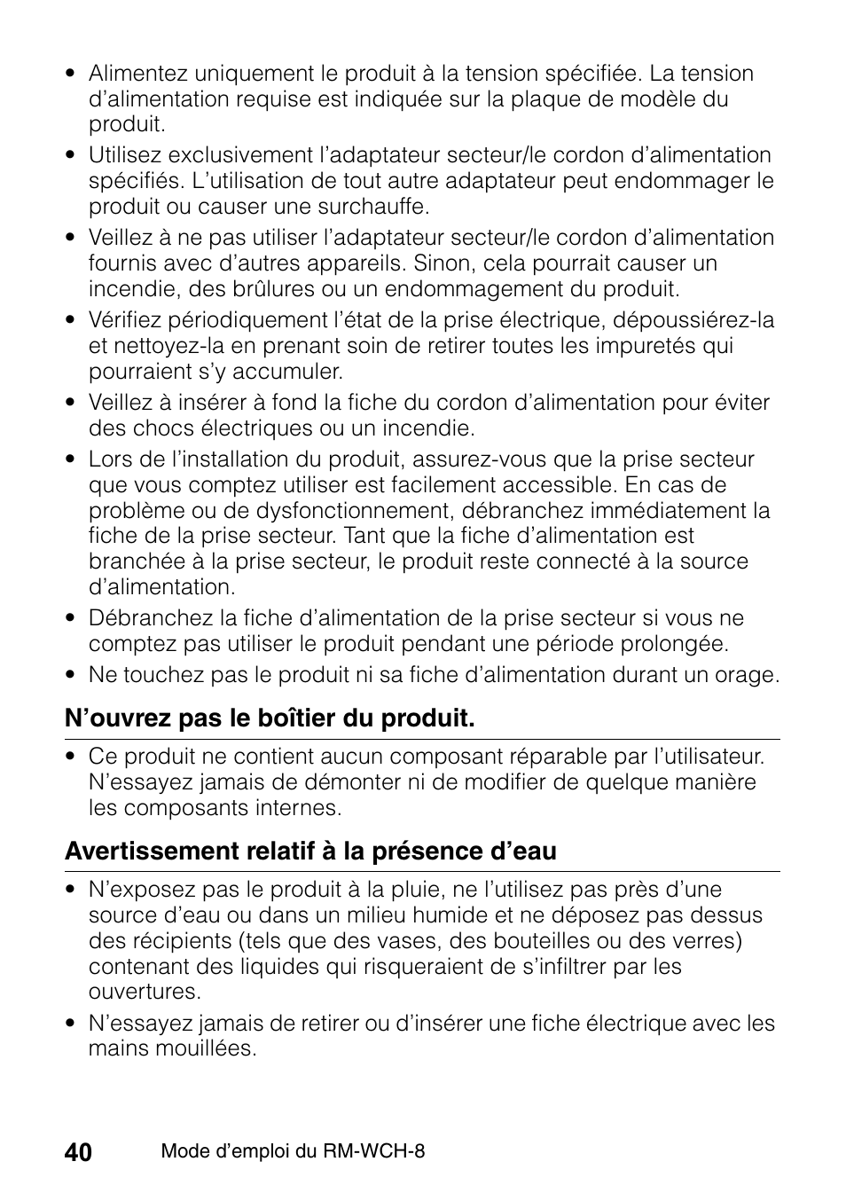 N’ouvrez pas le boîtier du produit, Avertissement relatif à la présence d’eau | Yamaha RM-WCH8 ADECIA Microphone Charger Base for Eight RM Wireless DECT Microphones (1.9 GHz) User Manual | Page 40 / 136