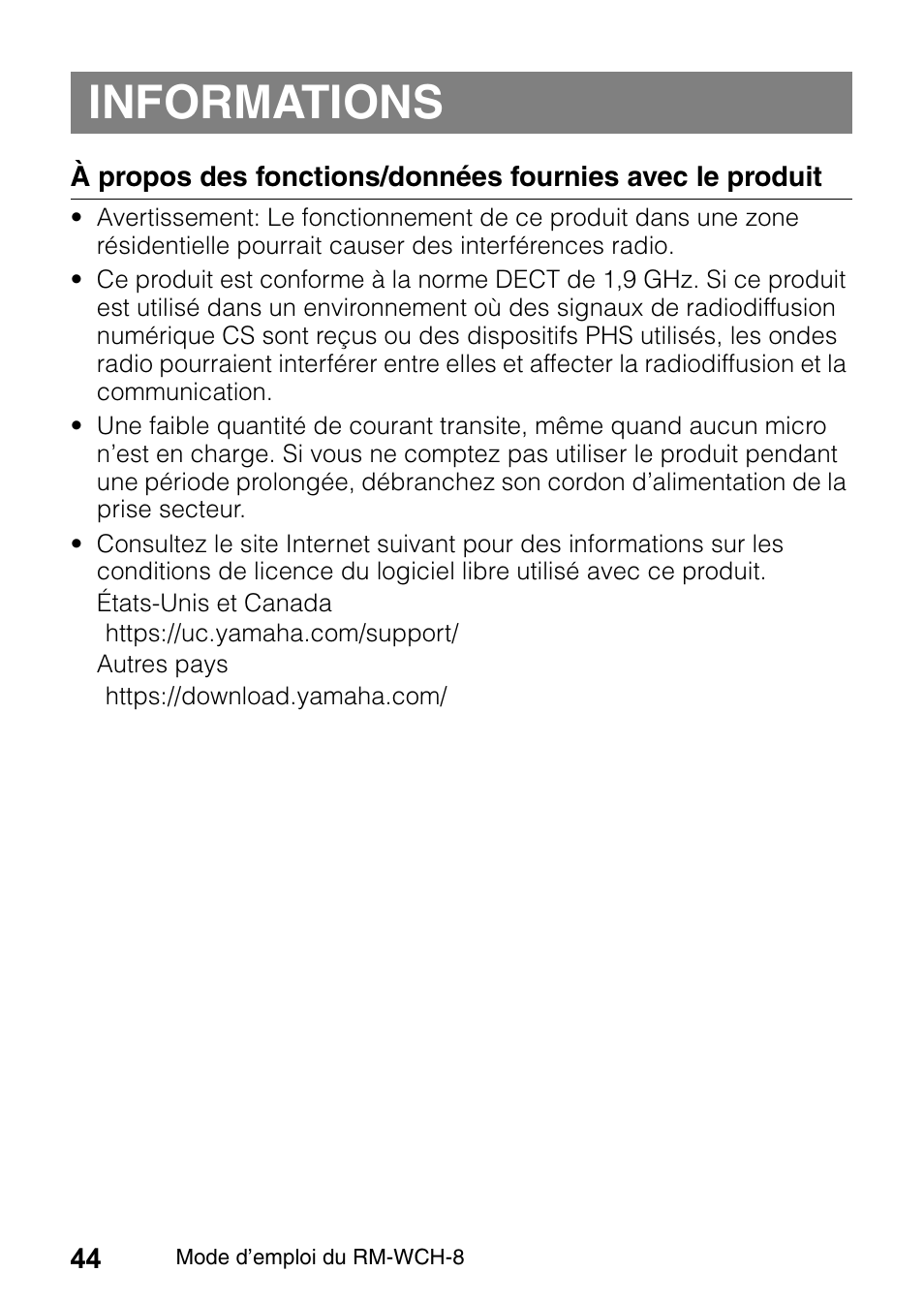 Informations | Yamaha RM-WCH8 ADECIA Microphone Charger Base for Eight RM Wireless DECT Microphones (1.9 GHz) User Manual | Page 44 / 136