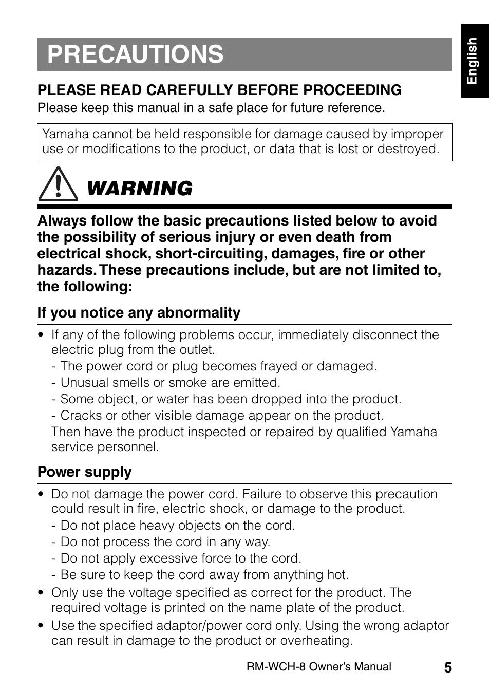 Precautions, Warning | Yamaha RM-WCH8 ADECIA Microphone Charger Base for Eight RM Wireless DECT Microphones (1.9 GHz) User Manual | Page 5 / 136