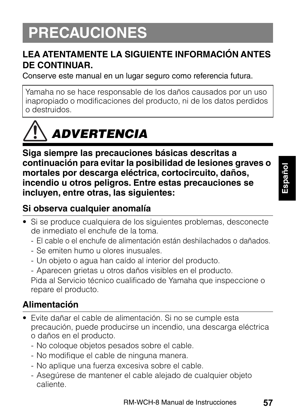 Español, Precauciones, Advertencia | Yamaha RM-WCH8 ADECIA Microphone Charger Base for Eight RM Wireless DECT Microphones (1.9 GHz) User Manual | Page 57 / 136