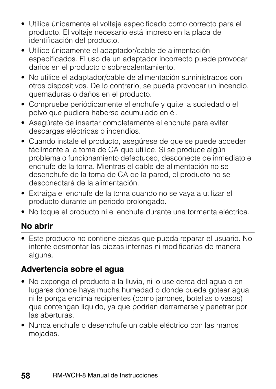 No abrir, Advertencia sobre el agua | Yamaha RM-WCH8 ADECIA Microphone Charger Base for Eight RM Wireless DECT Microphones (1.9 GHz) User Manual | Page 58 / 136