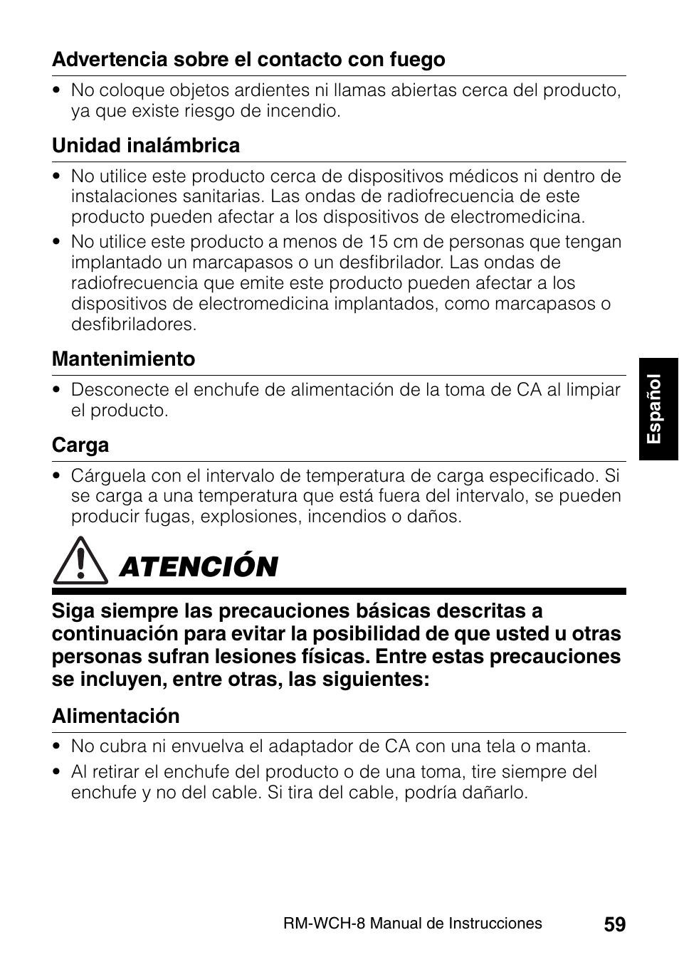 Atención | Yamaha RM-WCH8 ADECIA Microphone Charger Base for Eight RM Wireless DECT Microphones (1.9 GHz) User Manual | Page 59 / 136