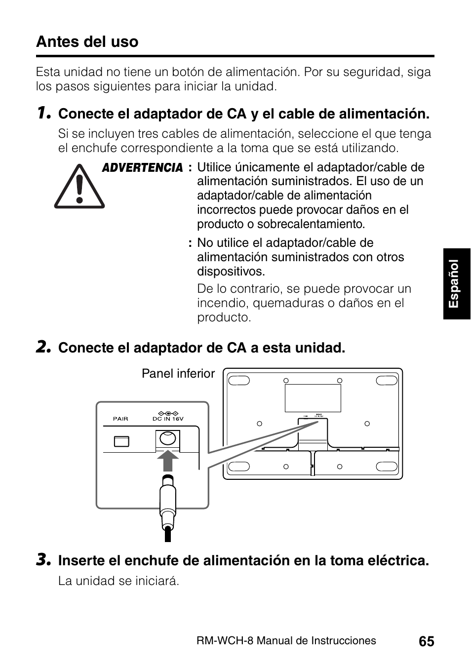 Antes del uso | Yamaha RM-WCH8 ADECIA Microphone Charger Base for Eight RM Wireless DECT Microphones (1.9 GHz) User Manual | Page 65 / 136