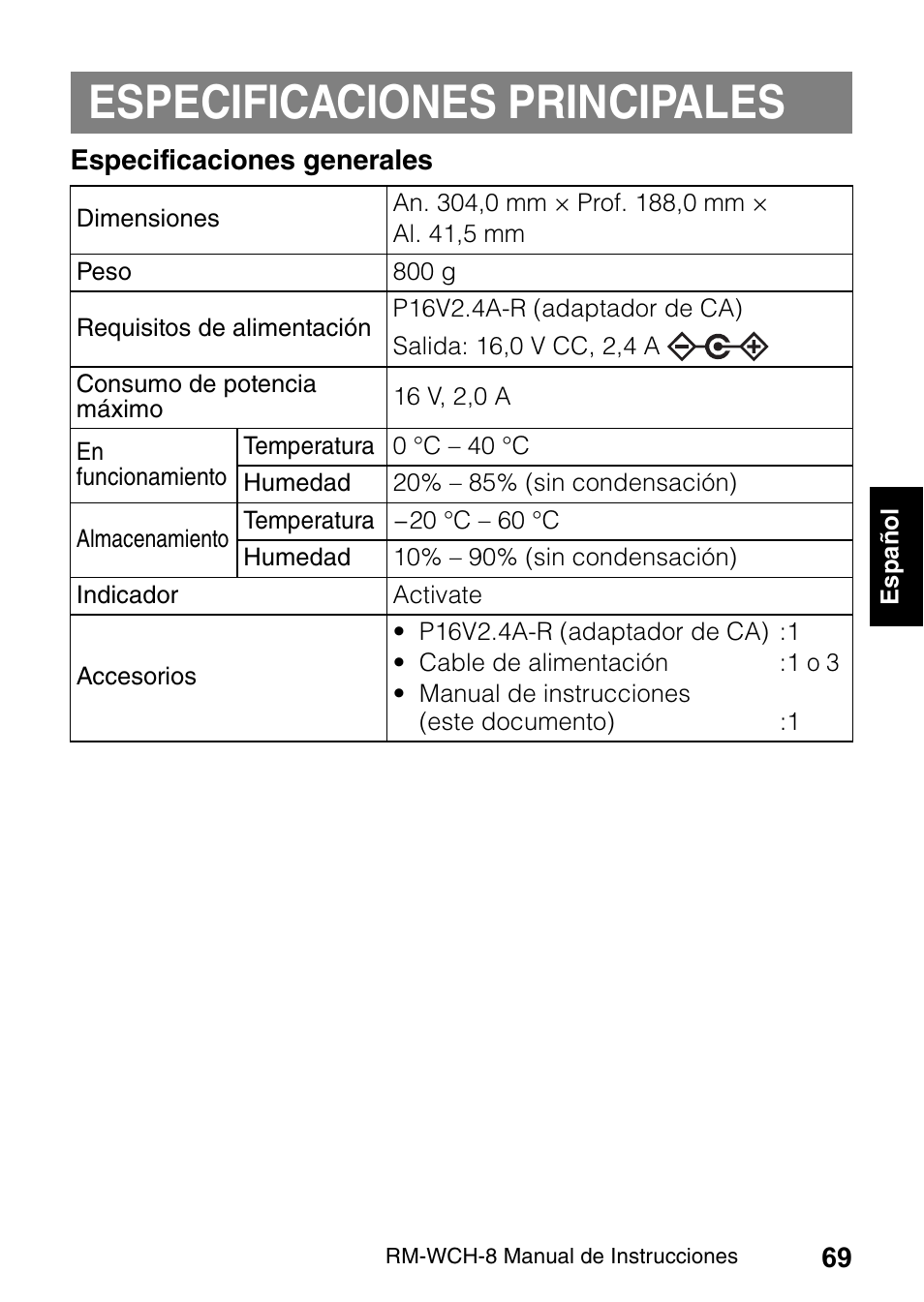 Especificaciones principales | Yamaha RM-WCH8 ADECIA Microphone Charger Base for Eight RM Wireless DECT Microphones (1.9 GHz) User Manual | Page 69 / 136