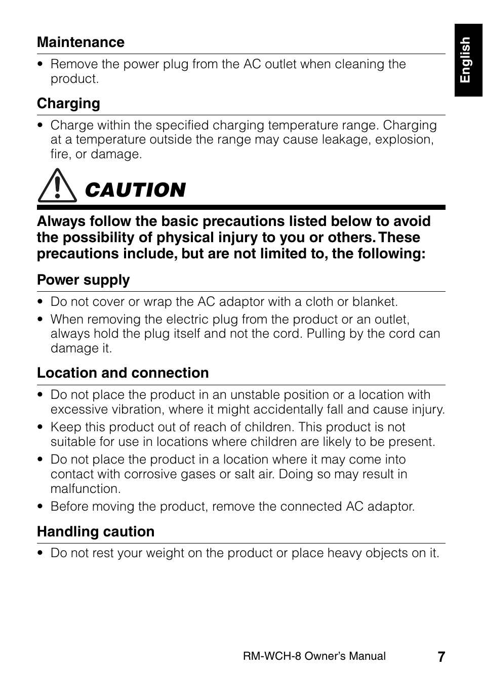 Caution | Yamaha RM-WCH8 ADECIA Microphone Charger Base for Eight RM Wireless DECT Microphones (1.9 GHz) User Manual | Page 7 / 136