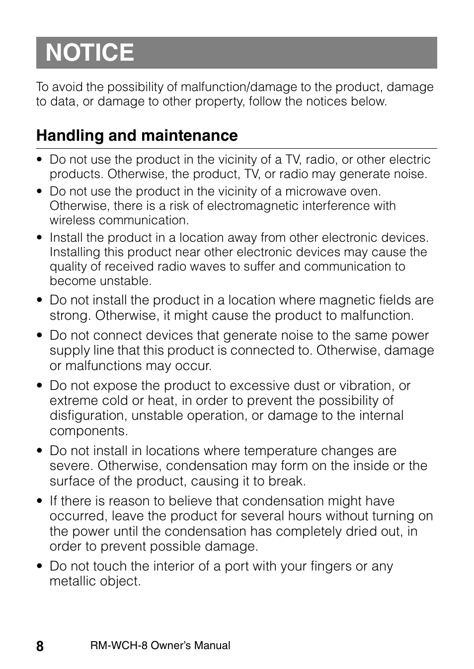Notice, Handling and maintenance | Yamaha RM-WCH8 ADECIA Microphone Charger Base for Eight RM Wireless DECT Microphones (1.9 GHz) User Manual | Page 8 / 136