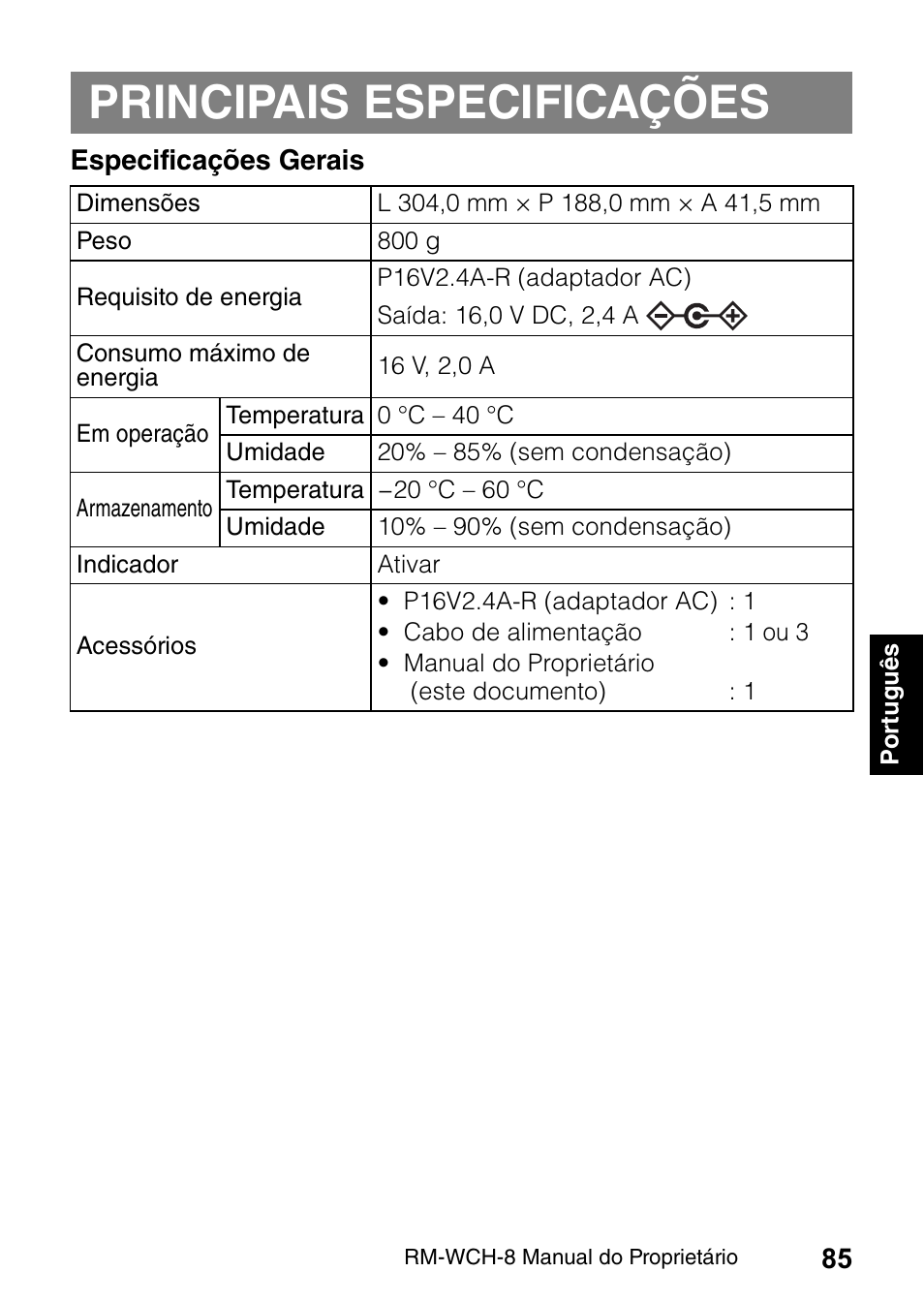 Principais especificações | Yamaha RM-WCH8 ADECIA Microphone Charger Base for Eight RM Wireless DECT Microphones (1.9 GHz) User Manual | Page 85 / 136