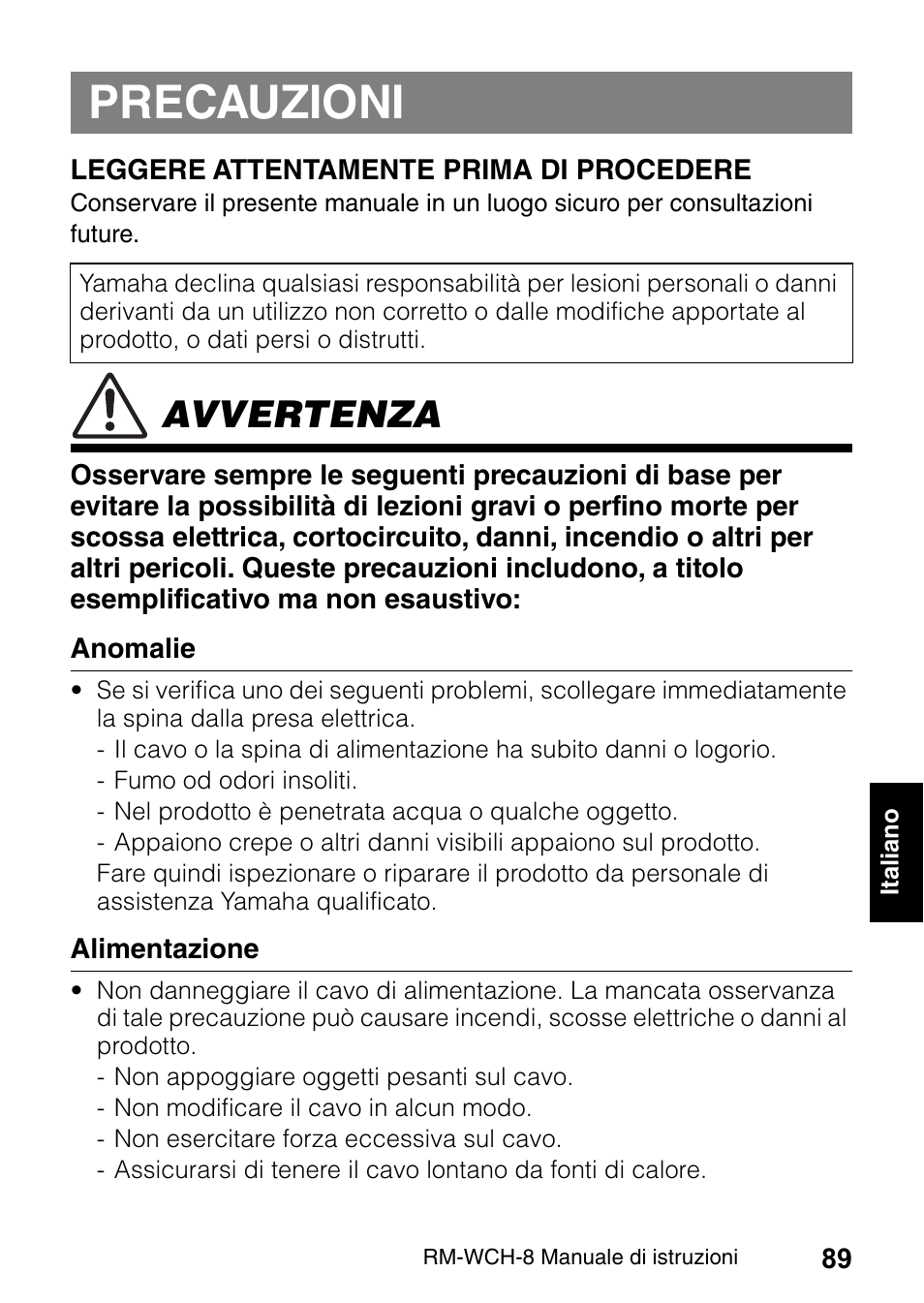 Precauzioni, Avvertenza | Yamaha RM-WCH8 ADECIA Microphone Charger Base for Eight RM Wireless DECT Microphones (1.9 GHz) User Manual | Page 89 / 136