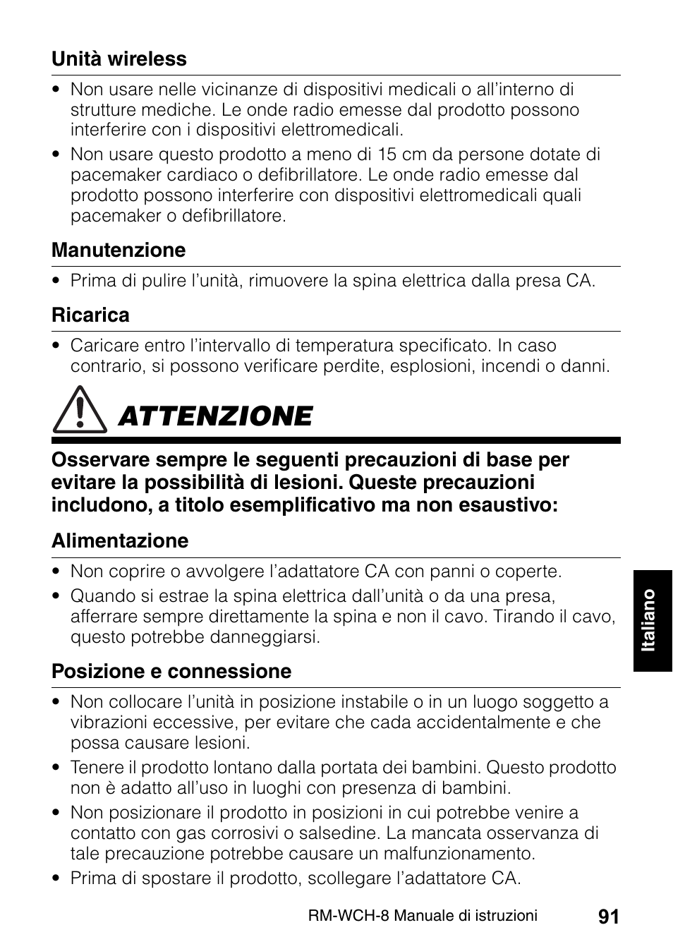 Attenzione | Yamaha RM-WCH8 ADECIA Microphone Charger Base for Eight RM Wireless DECT Microphones (1.9 GHz) User Manual | Page 91 / 136