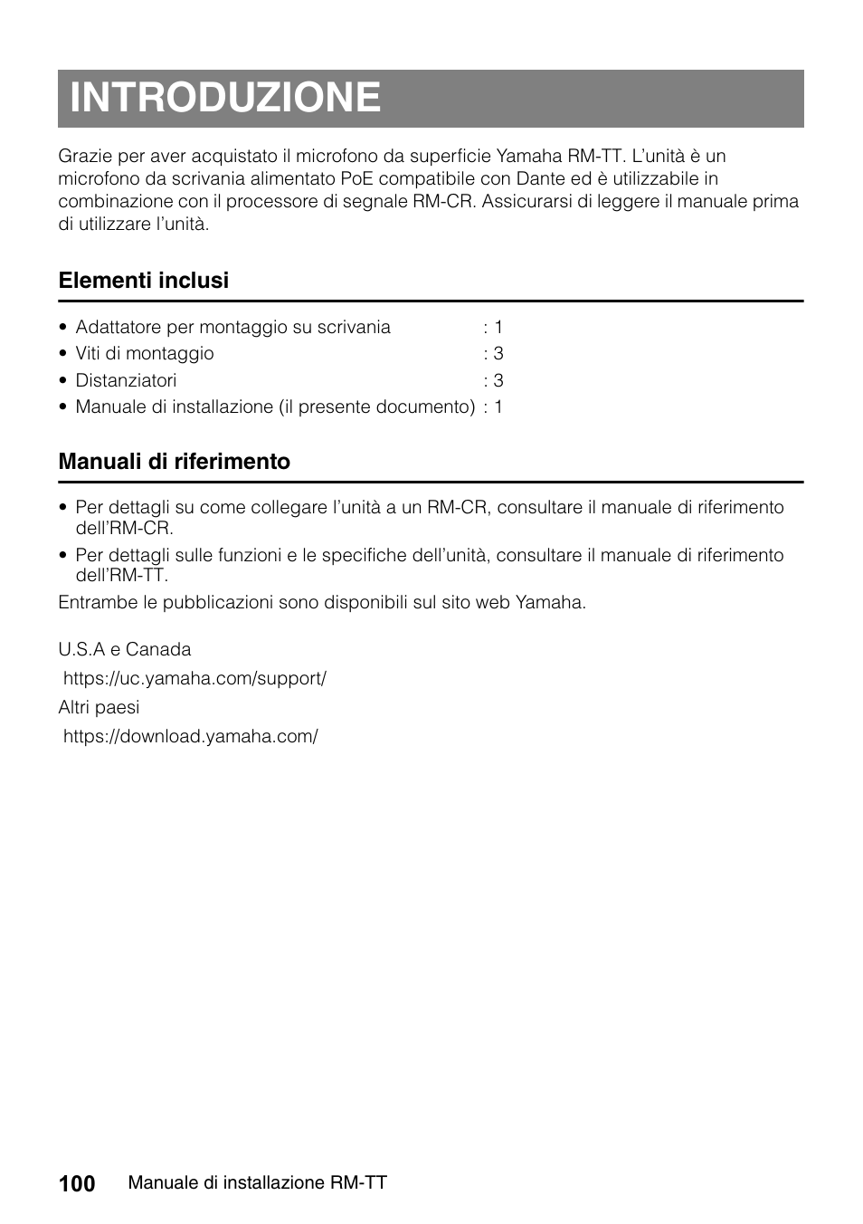 Introduzione, Elementi inclusi, Manuali di riferimento | Yamaha ADECIA RM-TT Wired Tabletop Array Microphone (Black) User Manual | Page 100 / 184