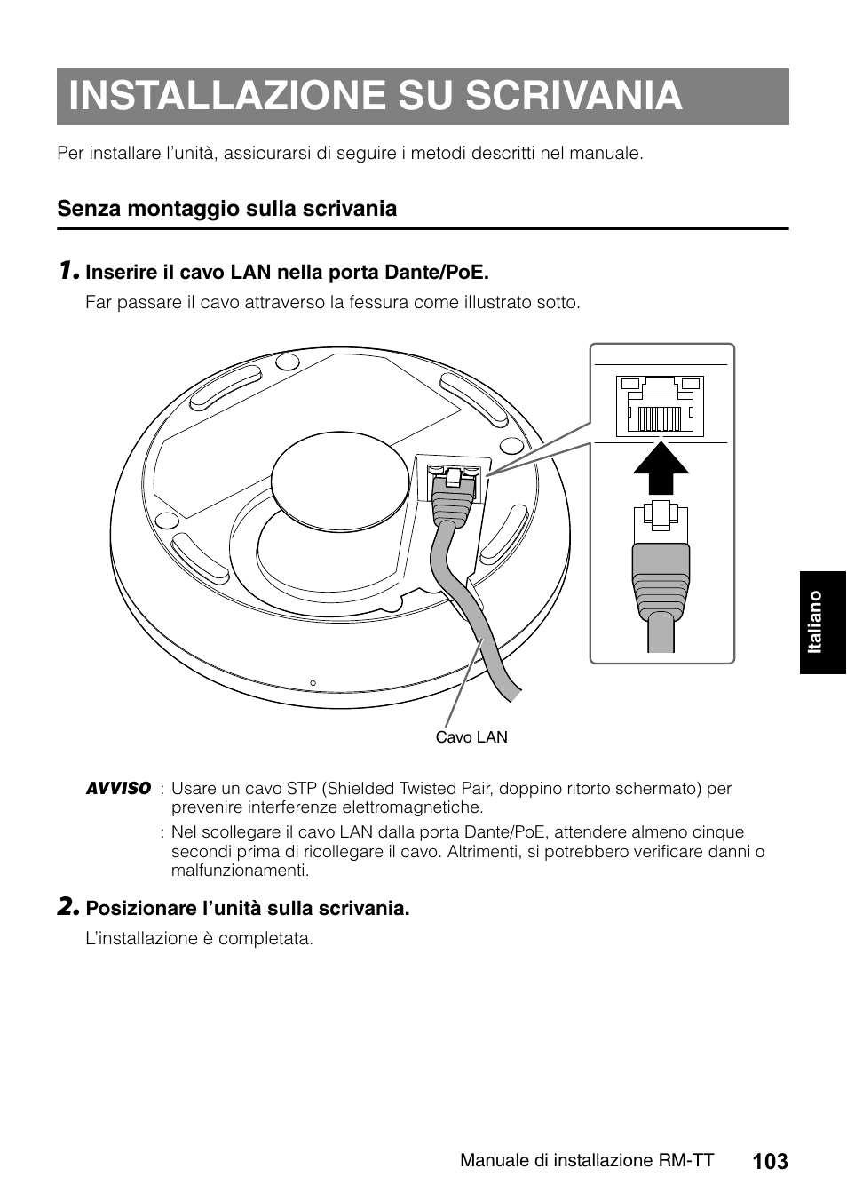 Installazione su scrivania, Senza montaggio sulla scrivania | Yamaha ADECIA RM-TT Wired Tabletop Array Microphone (Black) User Manual | Page 103 / 184