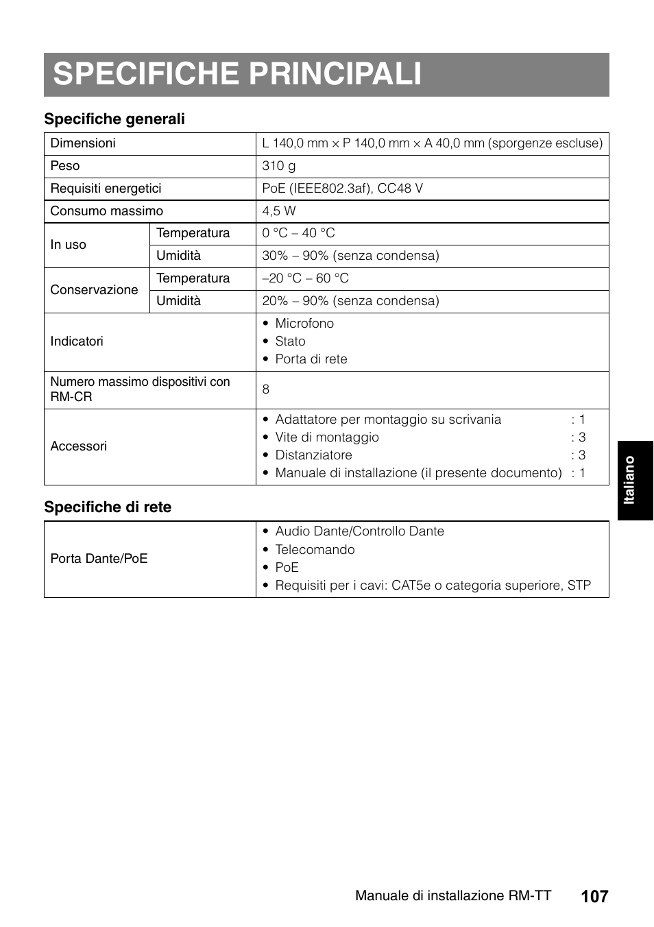 Specifiche principali | Yamaha ADECIA RM-TT Wired Tabletop Array Microphone (Black) User Manual | Page 107 / 184