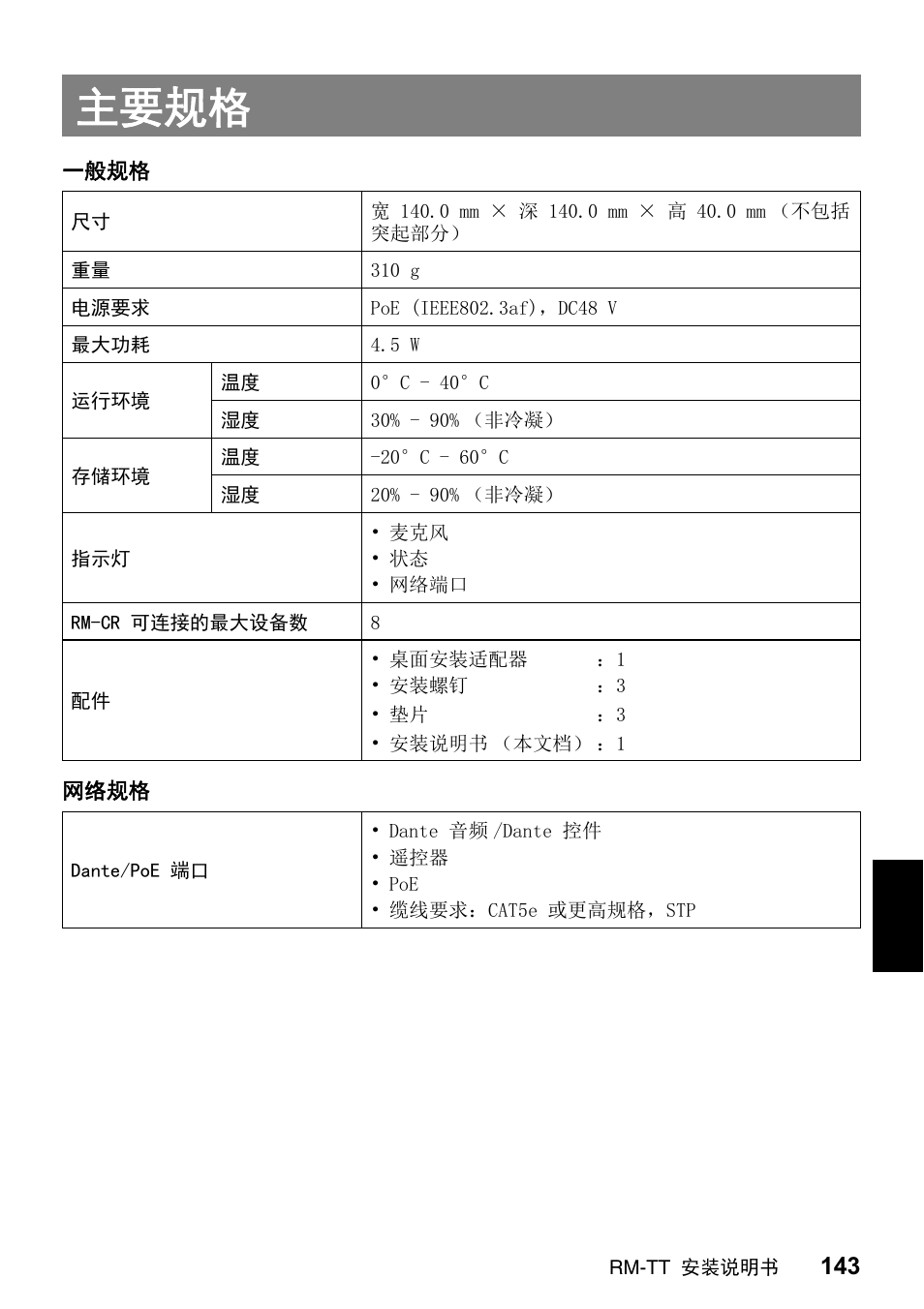 主要规格 | Yamaha ADECIA RM-TT Wired Tabletop Array Microphone (Black) User Manual | Page 143 / 184