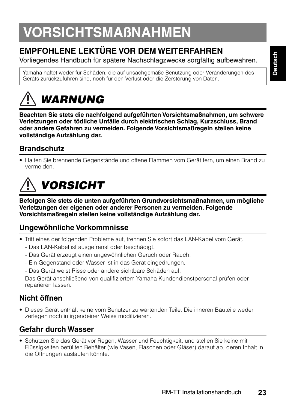 Vorsichtsmaßnahmen, Warnung, Vorsicht | Empfohlene lektüre vor dem weiterfahren | Yamaha ADECIA RM-TT Wired Tabletop Array Microphone (Black) User Manual | Page 23 / 184