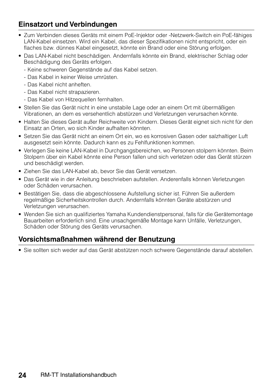 Einsatzort und verbindungen, Vorsichtsmaßnahmen während der benutzung | Yamaha ADECIA RM-TT Wired Tabletop Array Microphone (Black) User Manual | Page 24 / 184