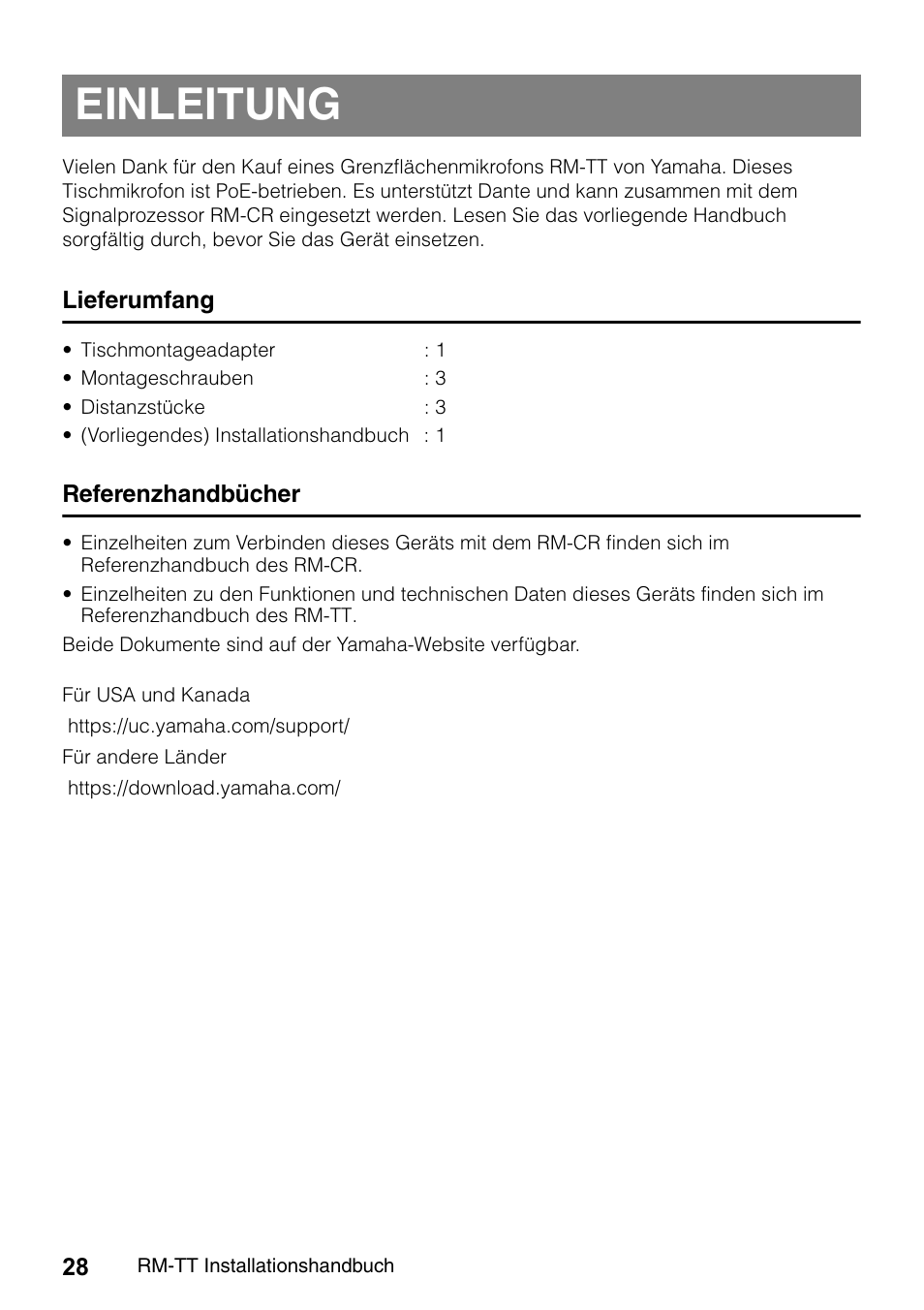 Einleitung, Lieferumfang, Referenzhandbücher | Yamaha ADECIA RM-TT Wired Tabletop Array Microphone (Black) User Manual | Page 28 / 184