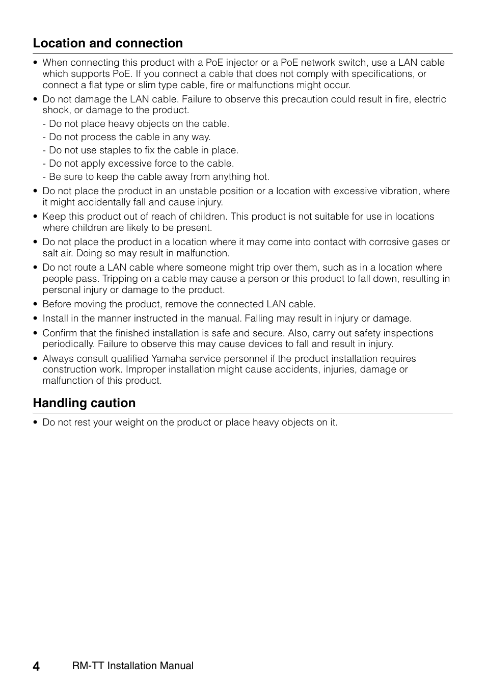 Location and connection, Handling caution | Yamaha ADECIA RM-TT Wired Tabletop Array Microphone (Black) User Manual | Page 4 / 184