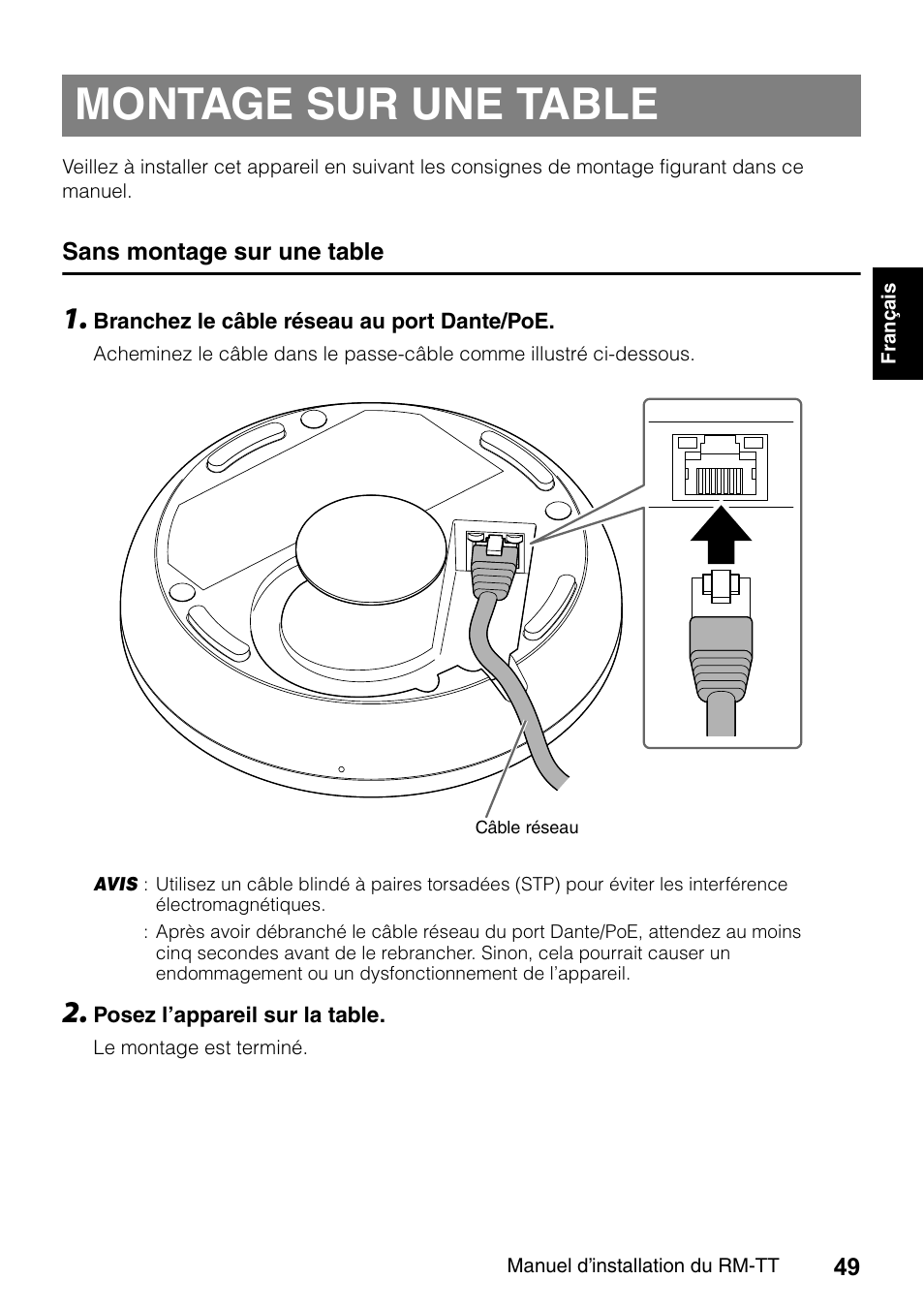 Montage sur une table, Sans montage sur une table | Yamaha ADECIA RM-TT Wired Tabletop Array Microphone (Black) User Manual | Page 49 / 184