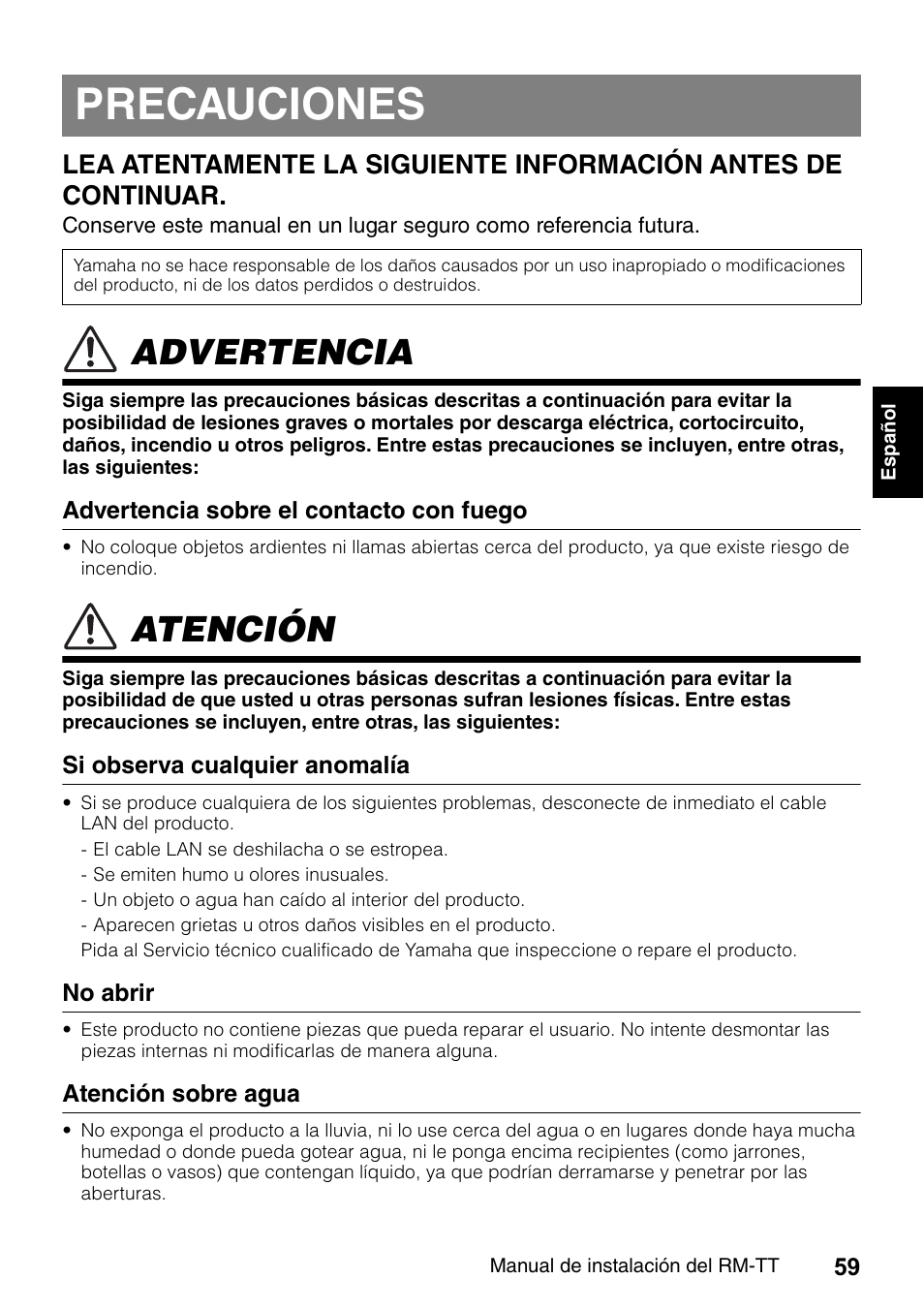 Precauciones, Advertencia, Atención | Yamaha ADECIA RM-TT Wired Tabletop Array Microphone (Black) User Manual | Page 59 / 184