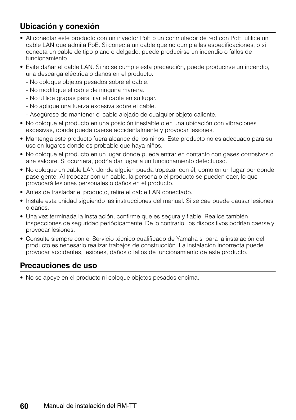 Ubicación y conexión, Precauciones de uso | Yamaha ADECIA RM-TT Wired Tabletop Array Microphone (Black) User Manual | Page 60 / 184