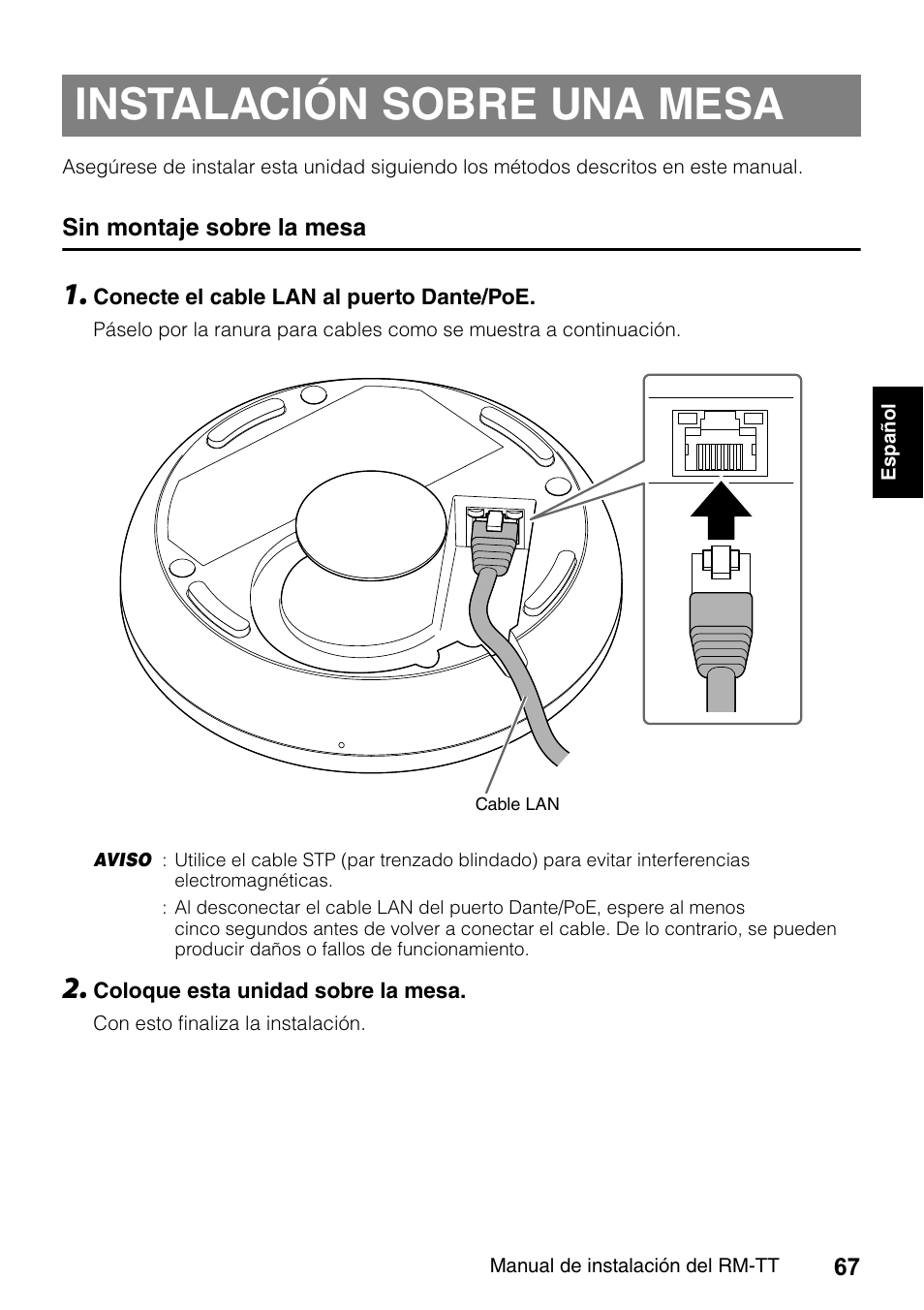Instalación sobre una mesa, Sin montaje sobre la mesa | Yamaha ADECIA RM-TT Wired Tabletop Array Microphone (Black) User Manual | Page 67 / 184